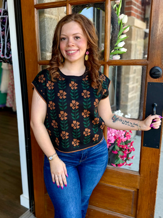Black Floral Knit Top