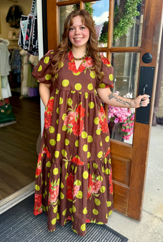 Chocolate Floral Polka Dot Tiered Maxi Dress