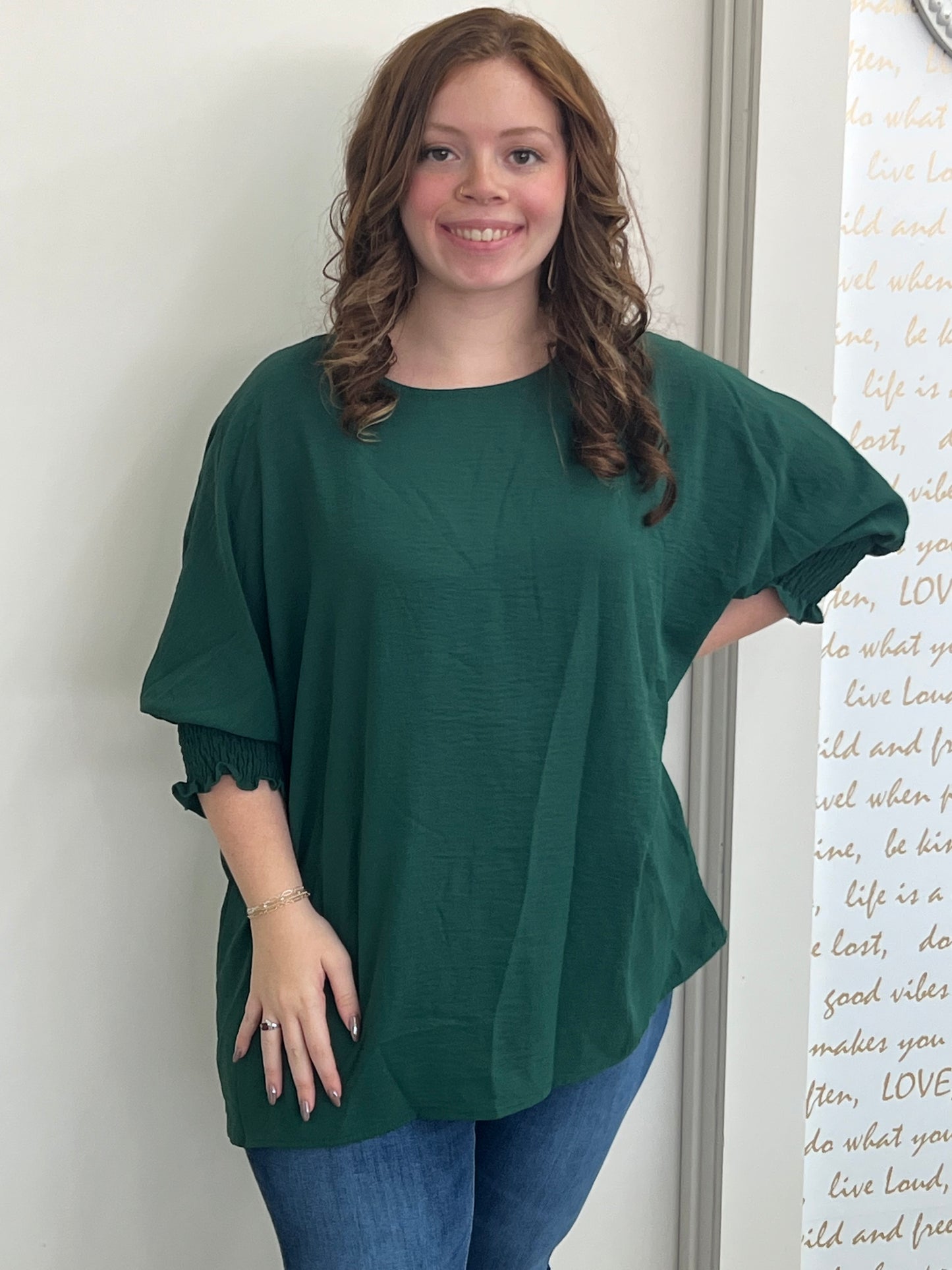 Green Everyday Smocked Sleeve Shift Top