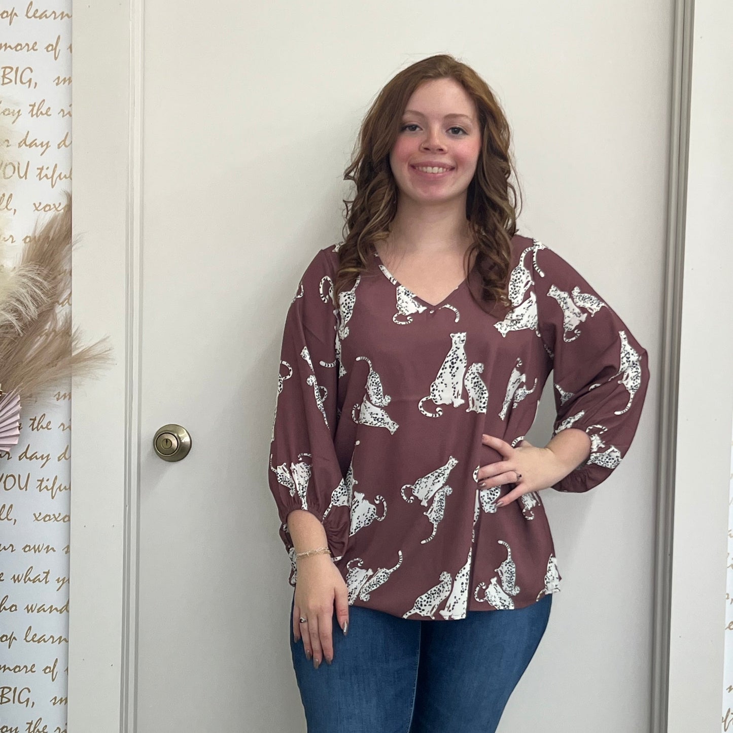 Dusty Mauve Animal Print Bell Sleeve V Neck Top