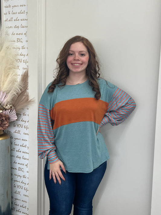 Green Colorblock Striped Bishop Sleeve Top