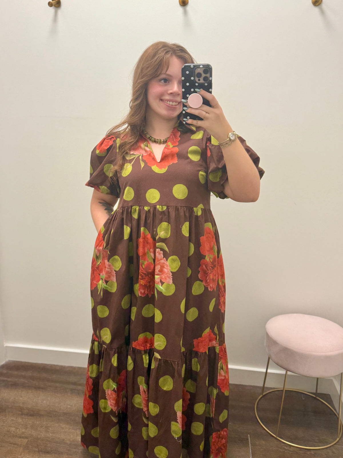 Chocolate Floral Polka Dot Tiered Maxi Dress