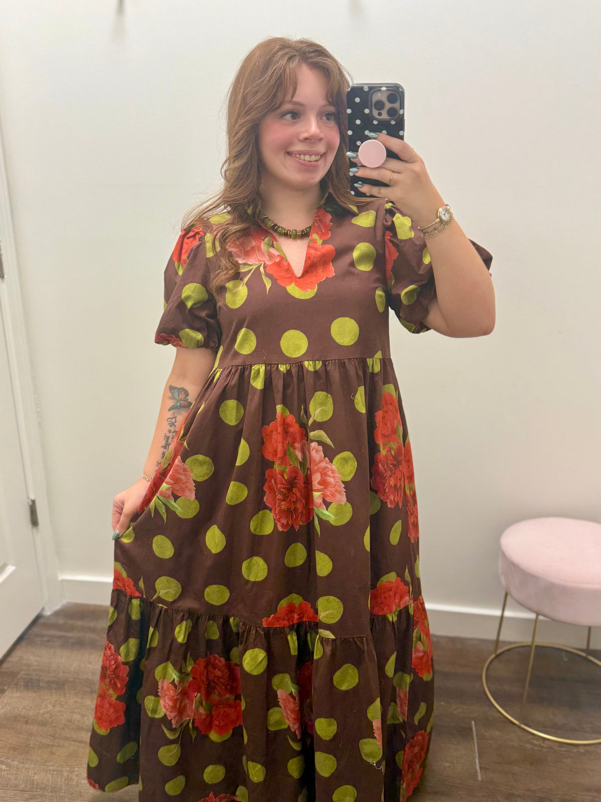 Chocolate Floral Polka Dot Tiered Maxi Dress