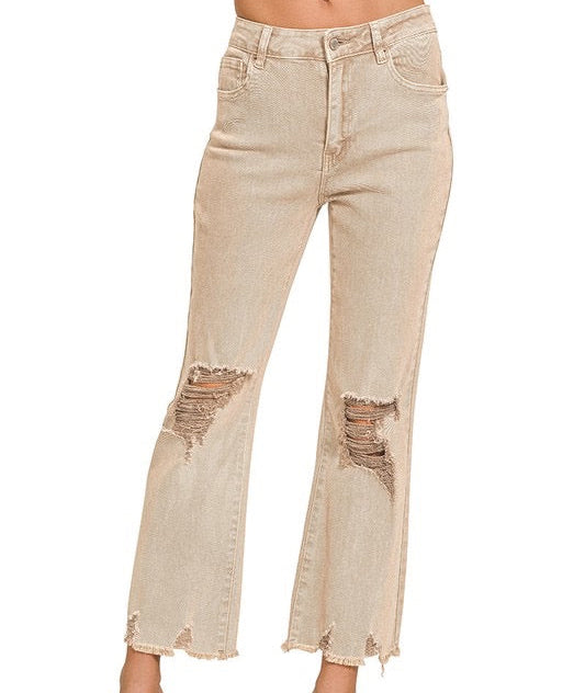 Ash Mocha Z Acid Wash High Waist Distressed Straight Pants
