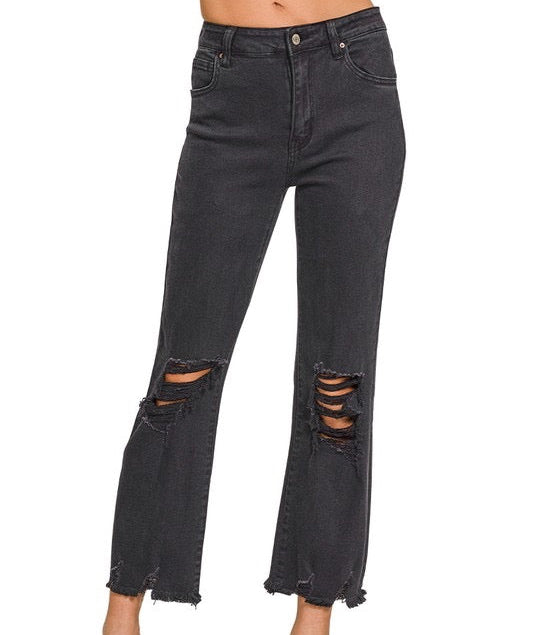 Black Z Acid Wash High Waist Distressed Straight Pants