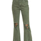 Dark Olive Z Acid Wash High Waist Distressed Straight Pants