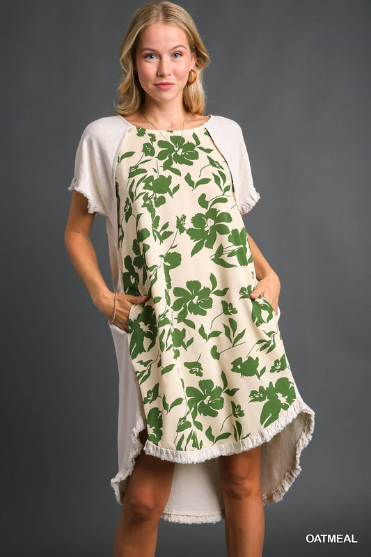 Linen Blend Front Floral Print Dress With High Low Hem