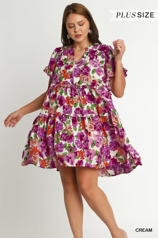Plus Floral Print Tiered Dress with Ruffle Sleeve