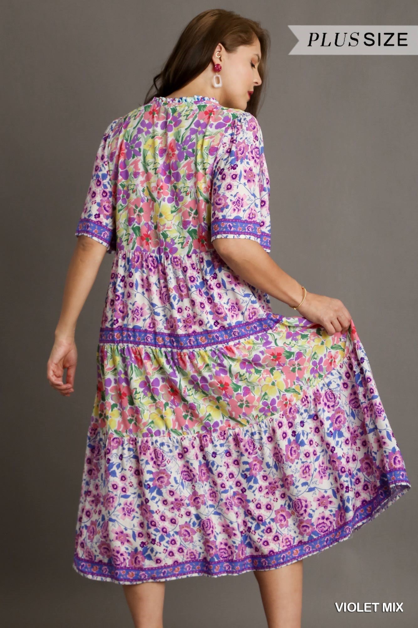Plus Short Sleeve Mixed Floral Print Maxi Dress