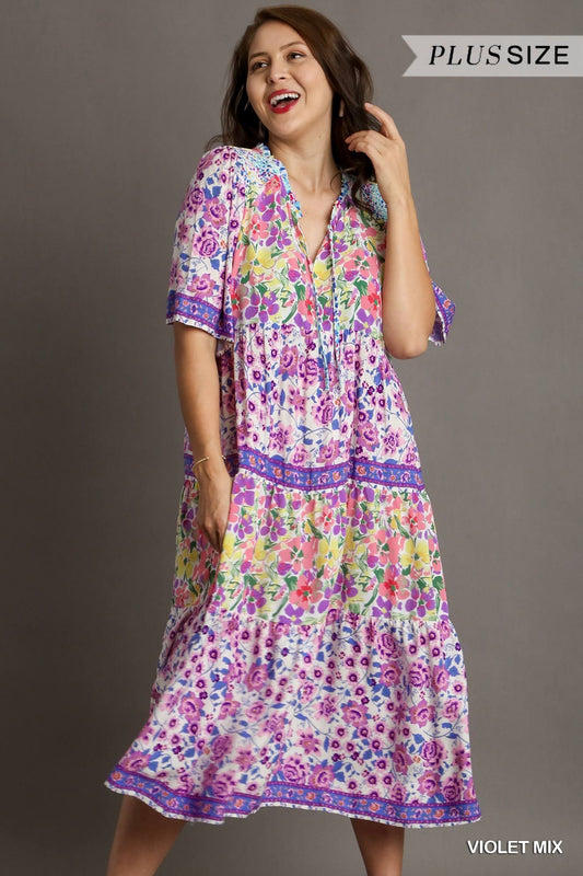 Plus Short Sleeve Mixed Floral Print Maxi Dress