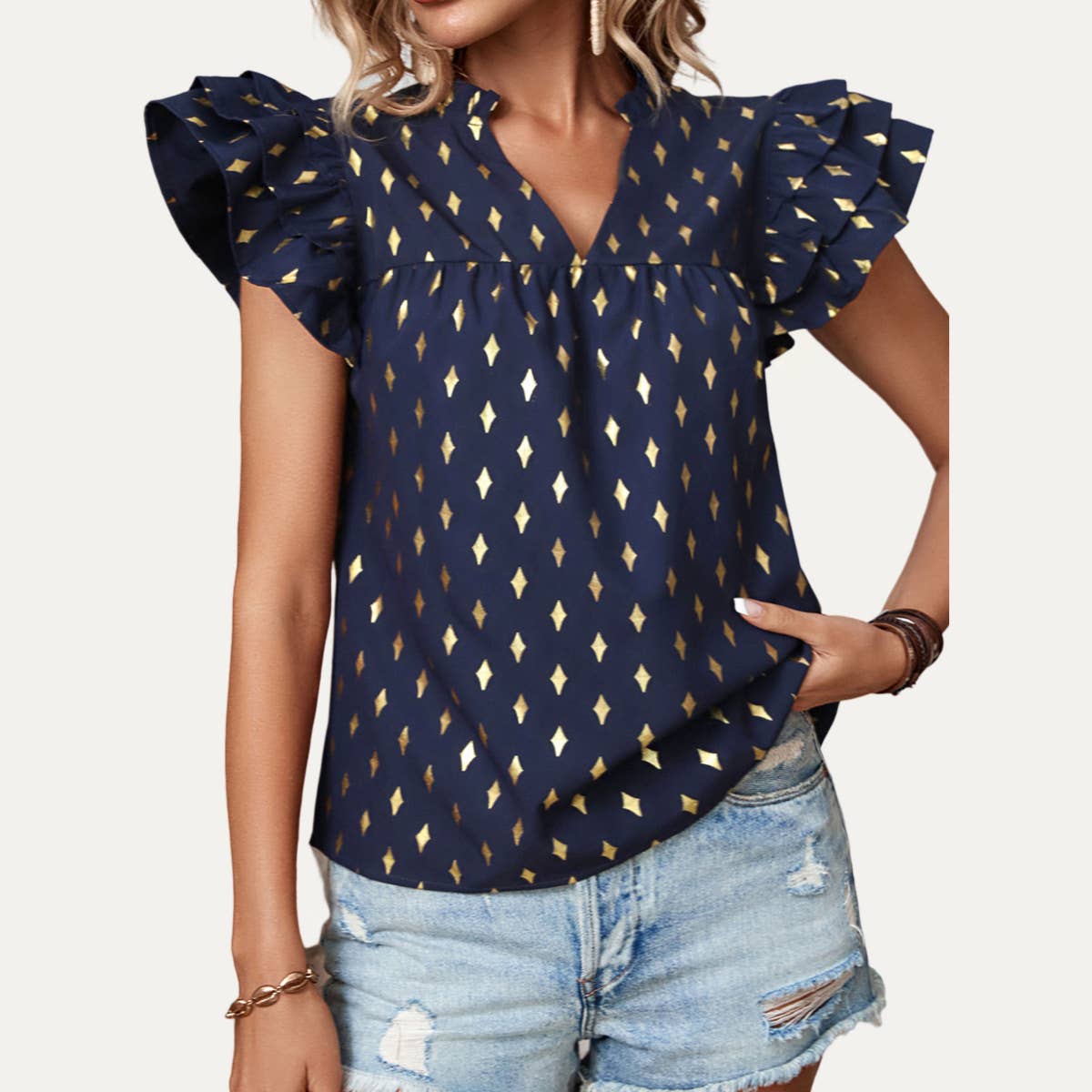 Navy & Gold V-Neck Ruffled Top