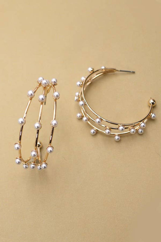 Gold Triple Wire Pearl Hoop Earrings