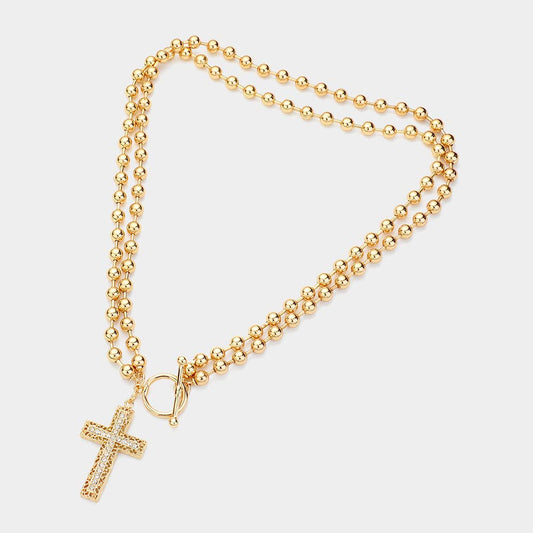 Gold Cross Pendant Bubble Chain Necklace