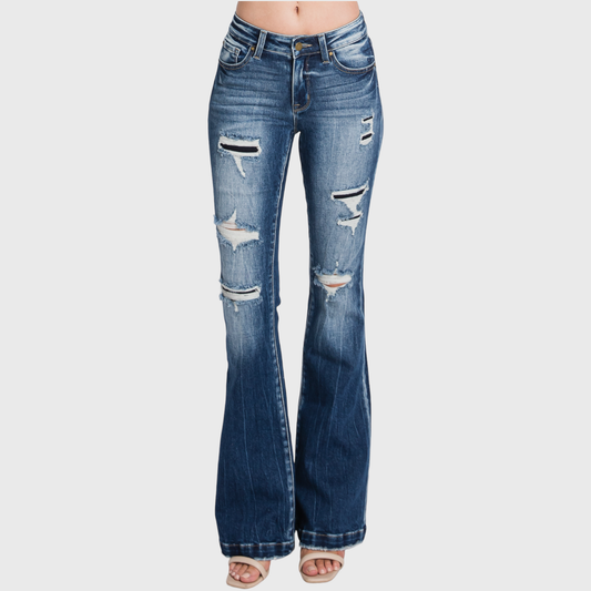 Petite Distressed Mid Rise Stretch Flare Jeans