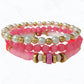 3pcs Set Multi Bead (Glass, Rubber, Pearl) Stretch Bracelet: Gold Fuchsia
