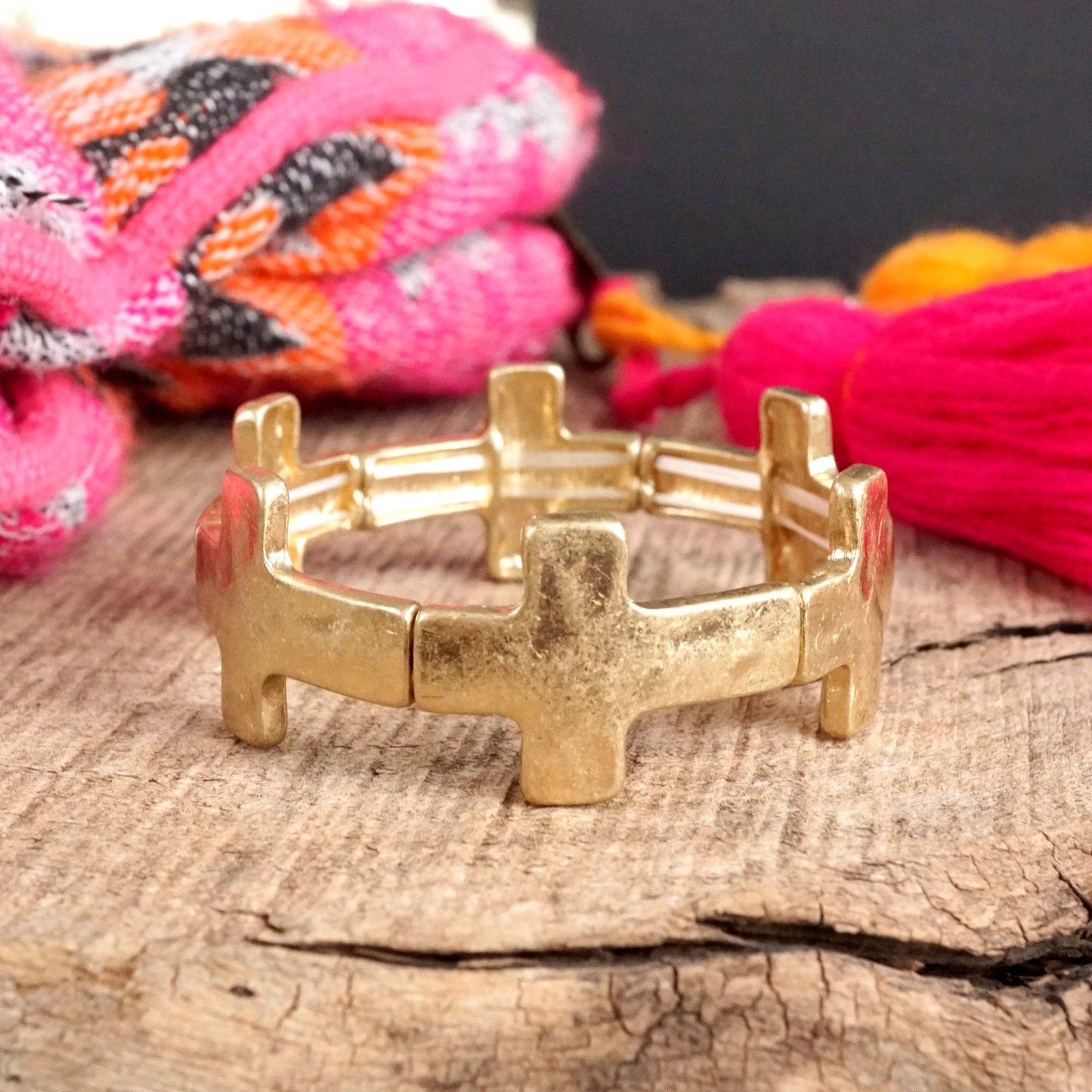 Gold Hammered Sideways Cross Bracelet