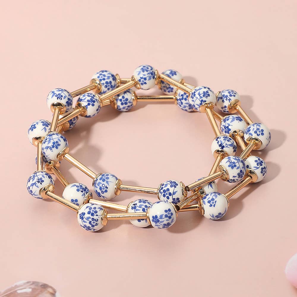 Blue Floral Beaded Stretch Bracelet Set