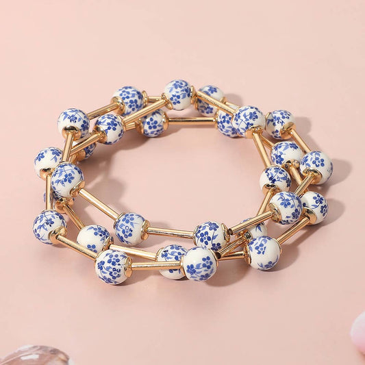 Blue Floral Beaded Stretch Bracelet Set