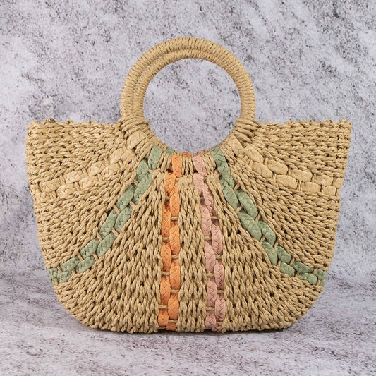 Multi Striped Straw Weave Round Rope Handle Tote Bag