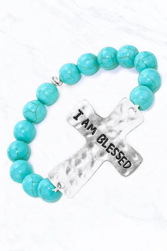 Silver "I Am Blessed" Cross Metal Natural Stone Beads Bracelet