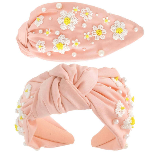 Peach Floral Pearl Bead Mix Top Knotted Headband
