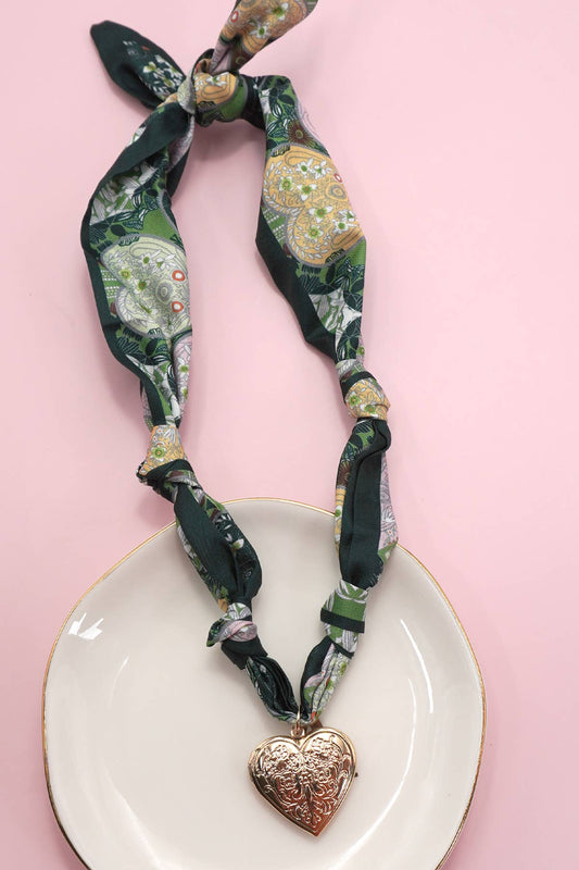 Green Scarf Heart Locket Charm Necklace
