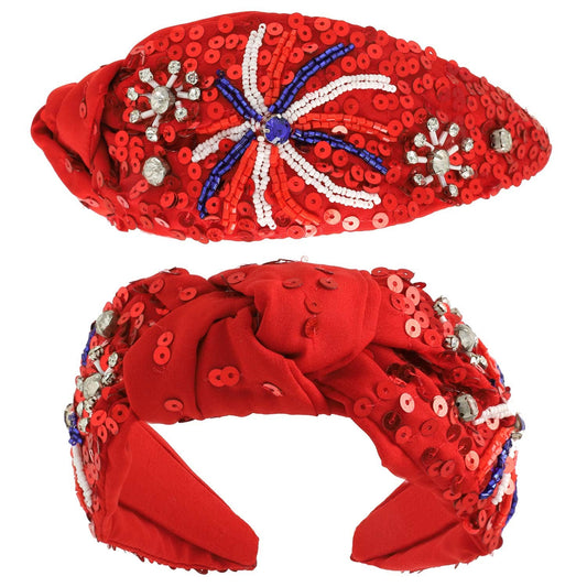 Red Patriotic Fireworks Sequin Top Knotted Headband