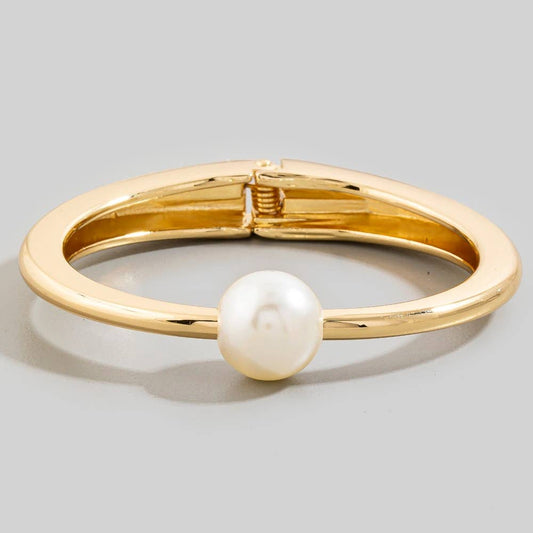 Gold Pearl Thin Metal Hinged Bangle Bracelet