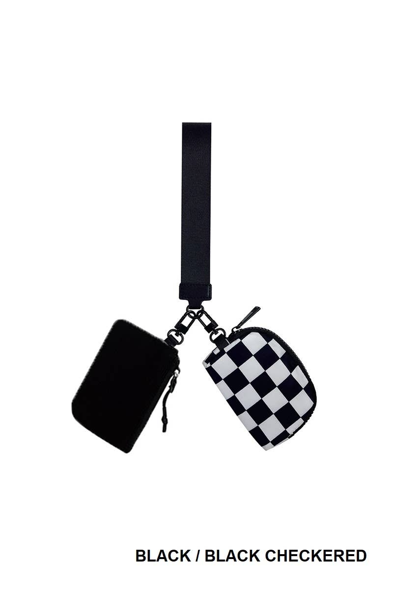 Black Checkered Dual Pouch Wristlet Keychain Wallet