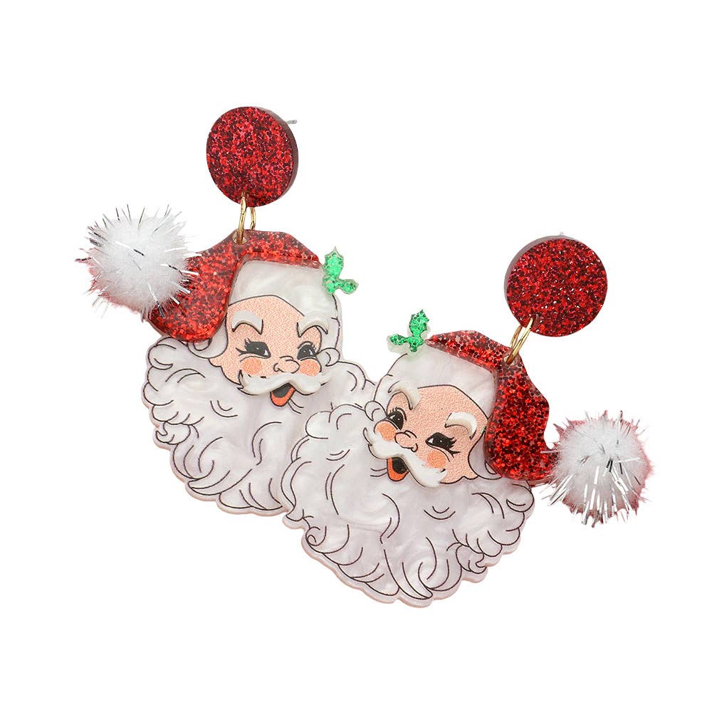 Red Glitter Resin Pom Santa Earrings