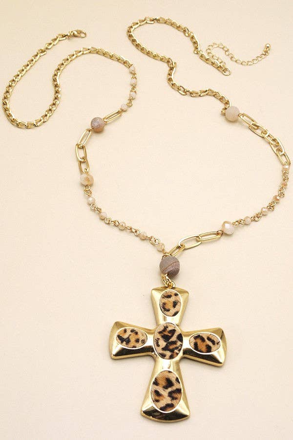 Gold Leopard Cross Long Beaded Necklace