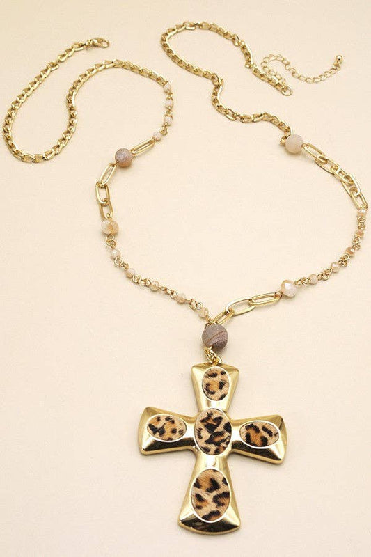 Gold Leopard Cross Long Beaded Necklace