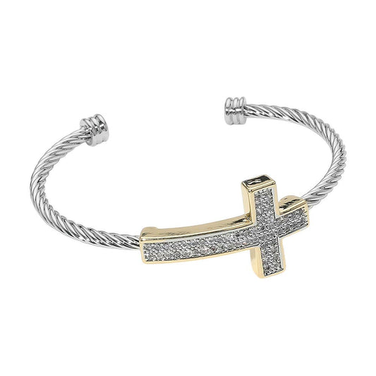 CZ Stone Paved Cross Two Tone Cuff Bracelet