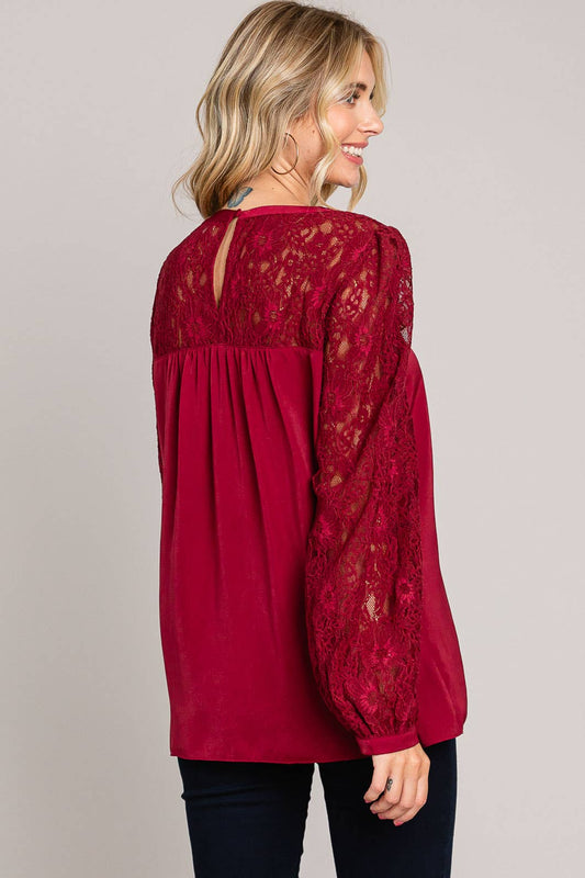 Everyday Satin Lace-Neck Blouse / Wine