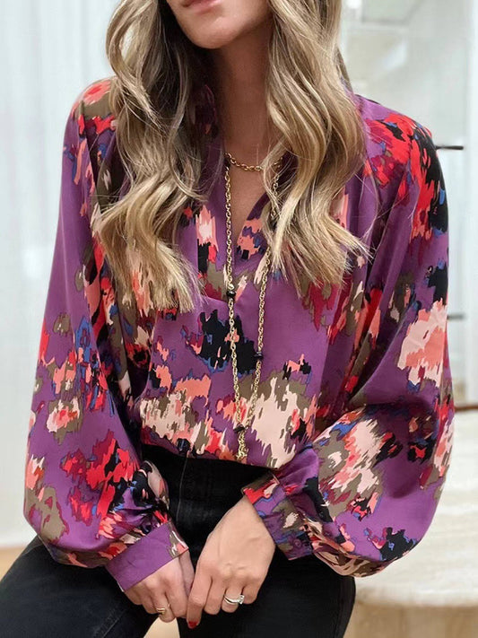 Purple Bohemian Abstract Print V-Neck Long Sleeve Top