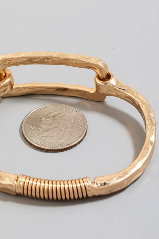 Gold Hammered Rectangle Coil Spring Hook Bracelet