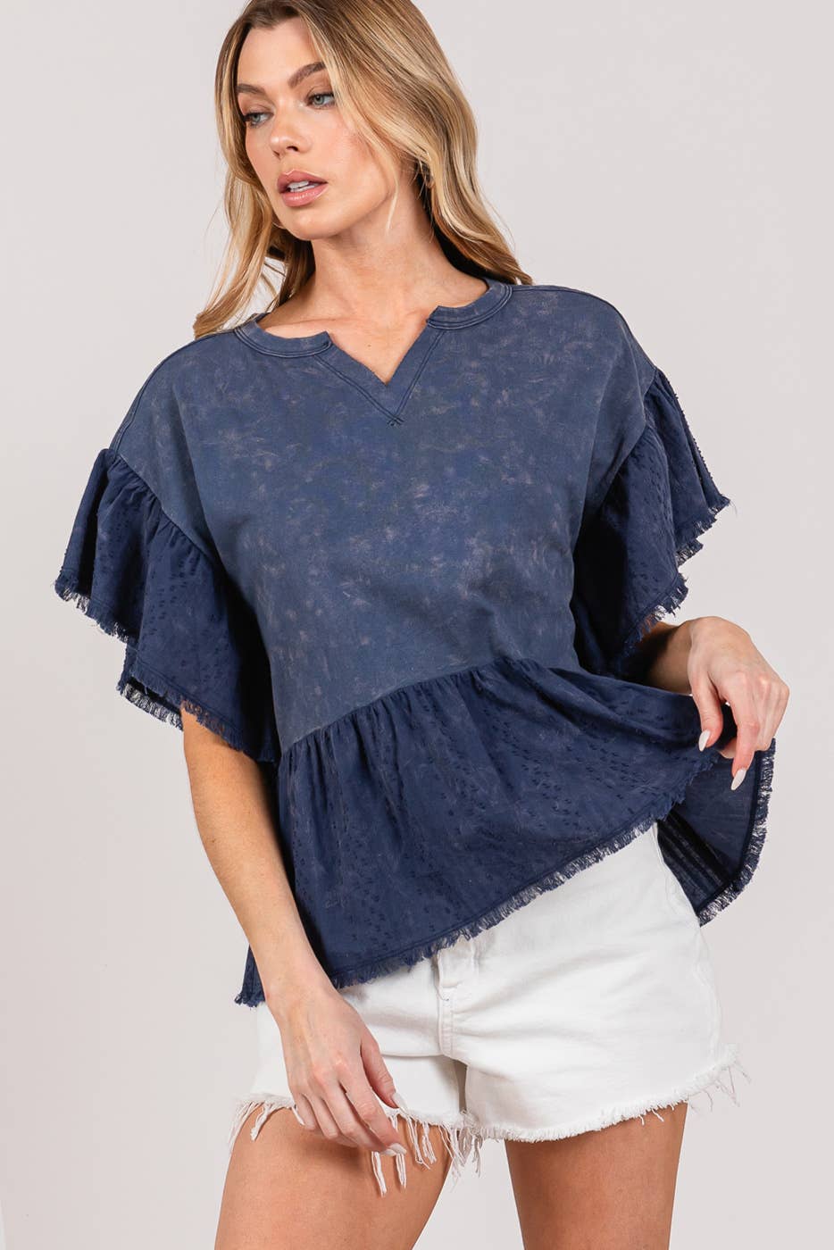 Washed Navy Ruffle Sleeve Top