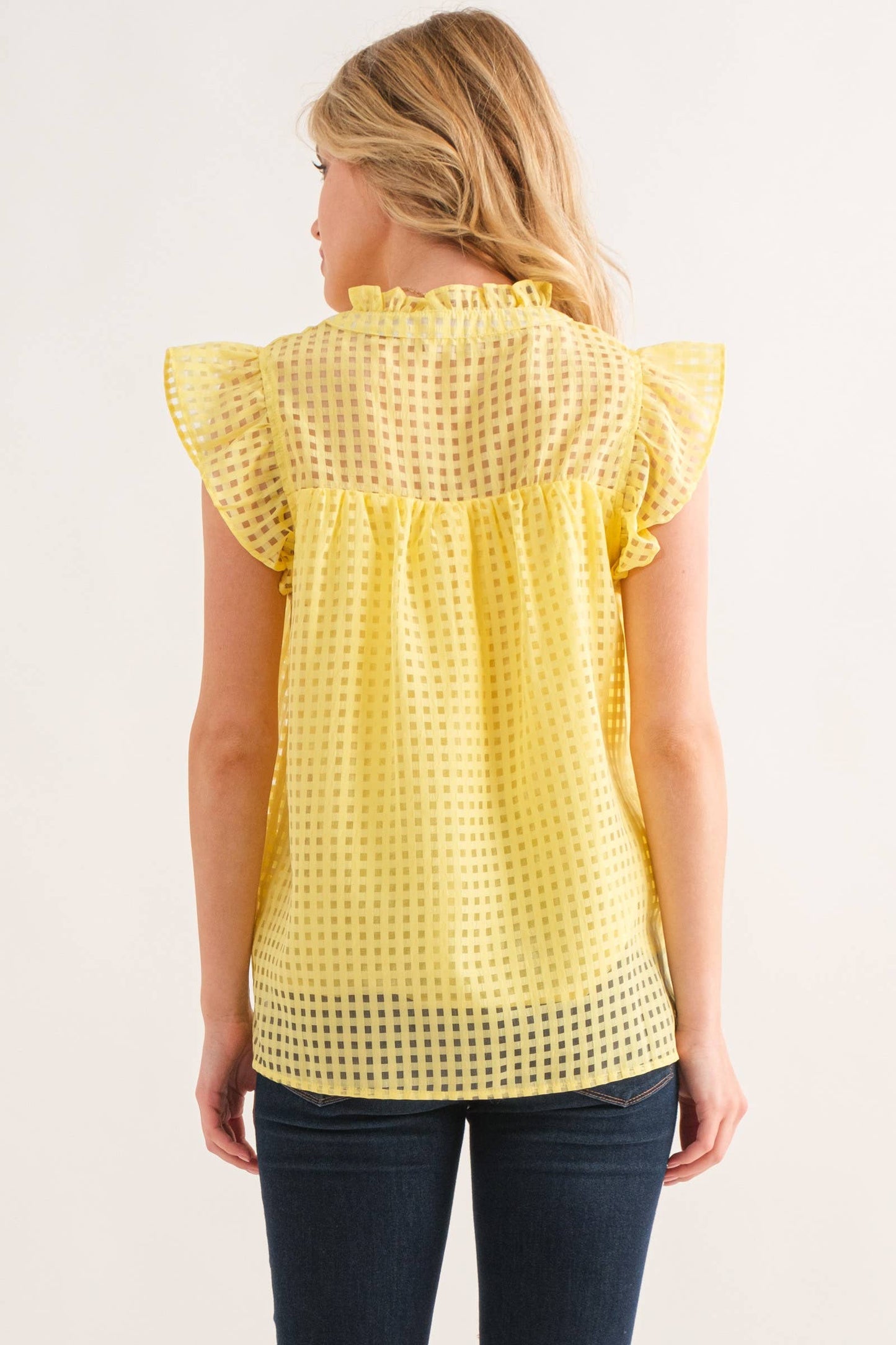 Plus Yellow Sheer and Gridded Baby Doll Ruffled Top