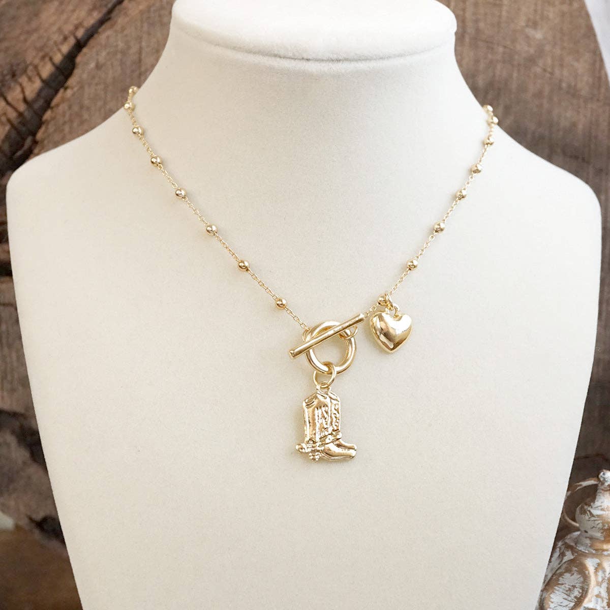 Gold Cowgirl Boots & Heart Necklace
