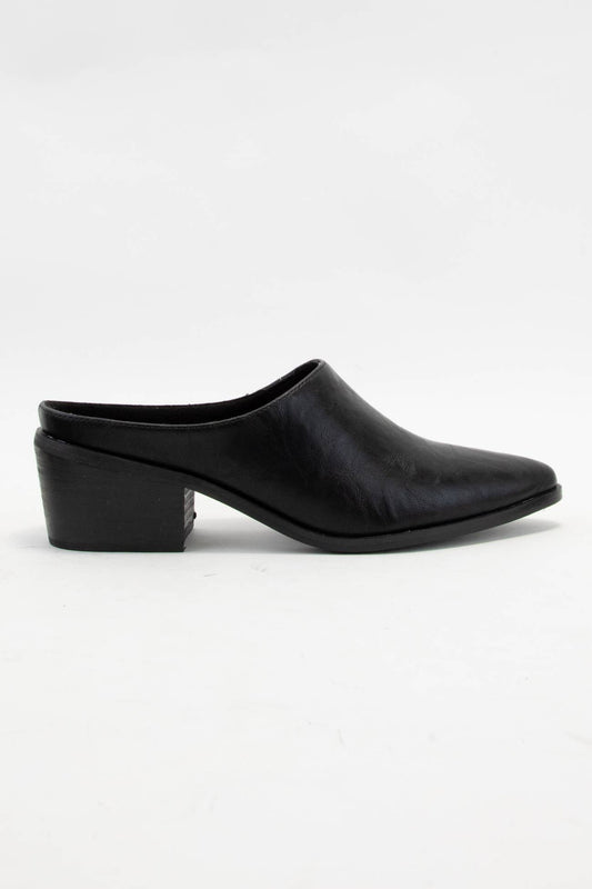 Black Pointed-Toe Slip On Block Heel Mule