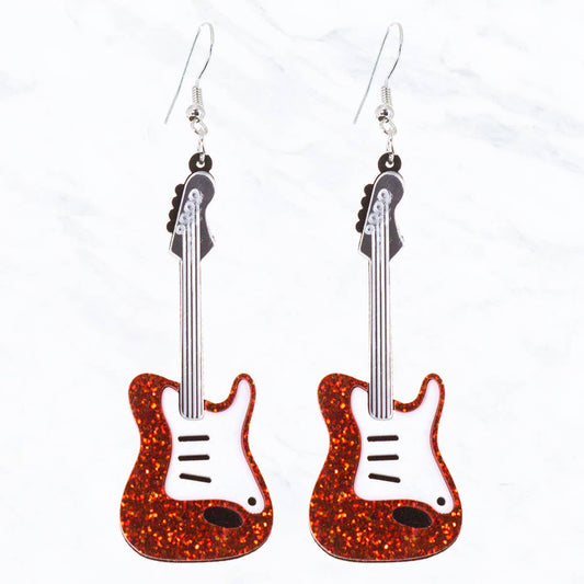 Red Glitter Guitar Drop Earrings