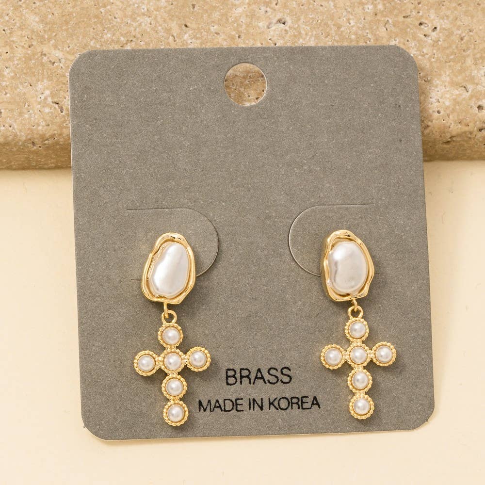 Pearl Studded Cross Dangle Earrings