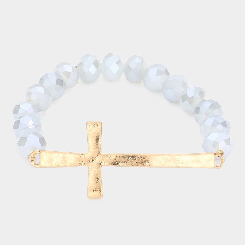 Light Blue Hammered Metal Cross Stretch Bracelet