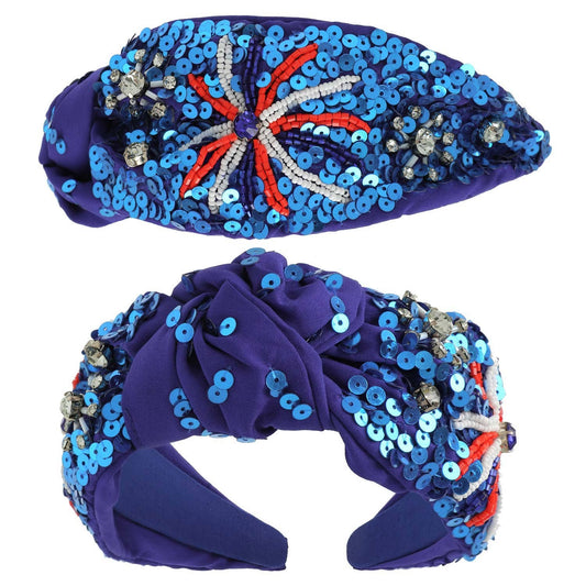 Blue Patriotic Fireworks Sequin Top Knotted Headband
