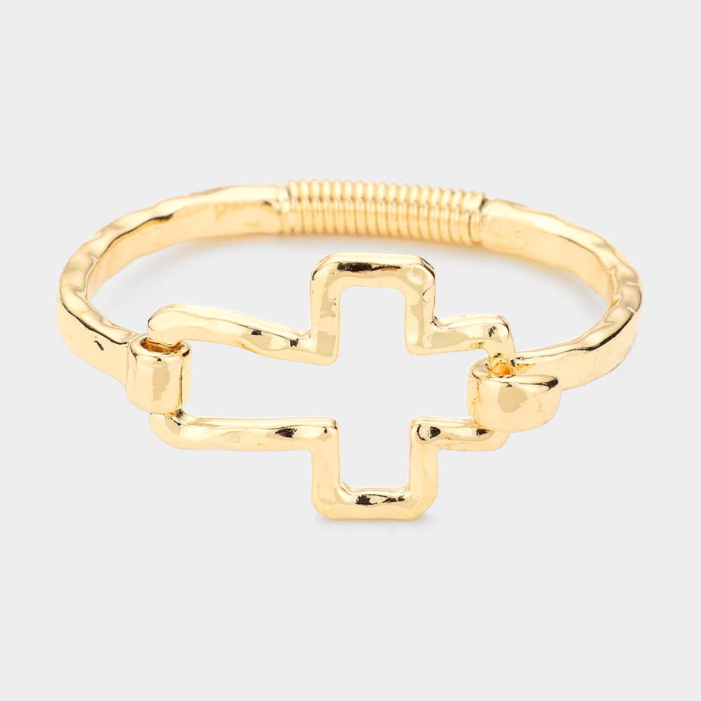 Gold Hammered Open Metal Cross Hook Bracelet