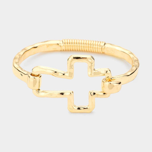 Gold Hammered Open Metal Cross Hook Bracelet