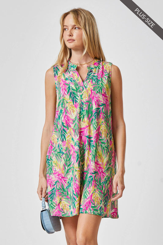 Plus Tropical Tank Dress Featuring a Line Bodice