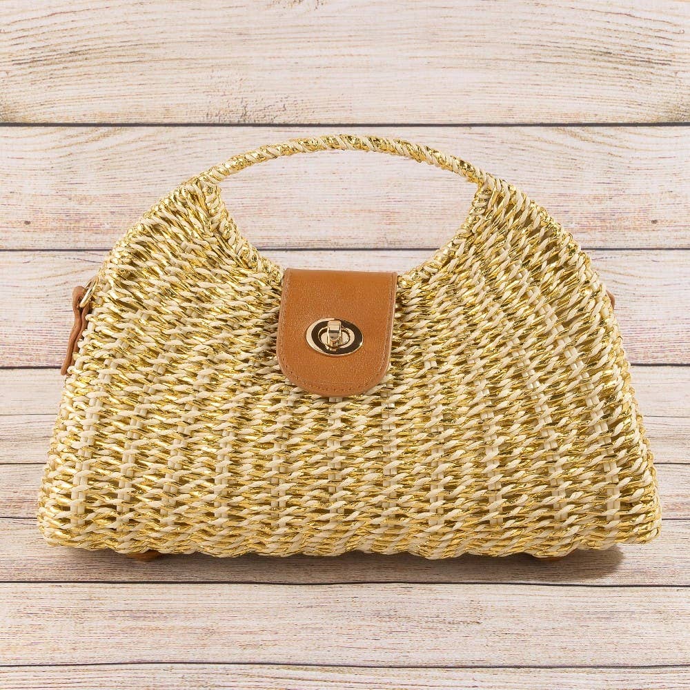 Beige Woven Straw Top Handle Handbag