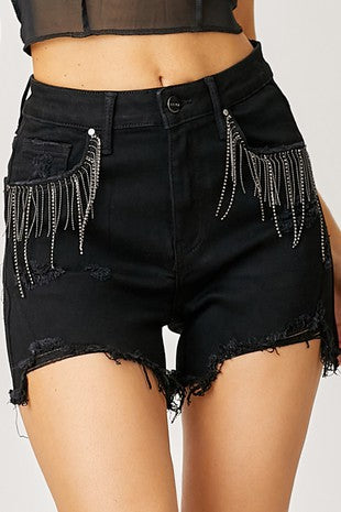 High Rise Black Rhinestone Shorts