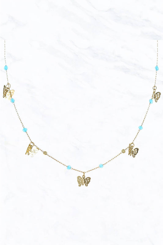 Turquoise Golden Butterflies with Glass Bead Necklace